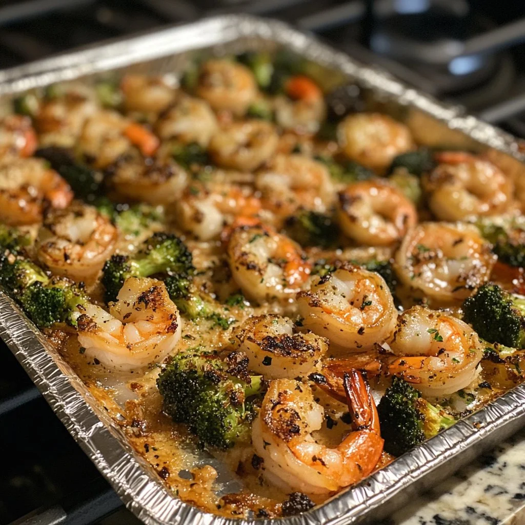 Garlic Parmesan Roasted Shrimp with Broccoli on a serving plate