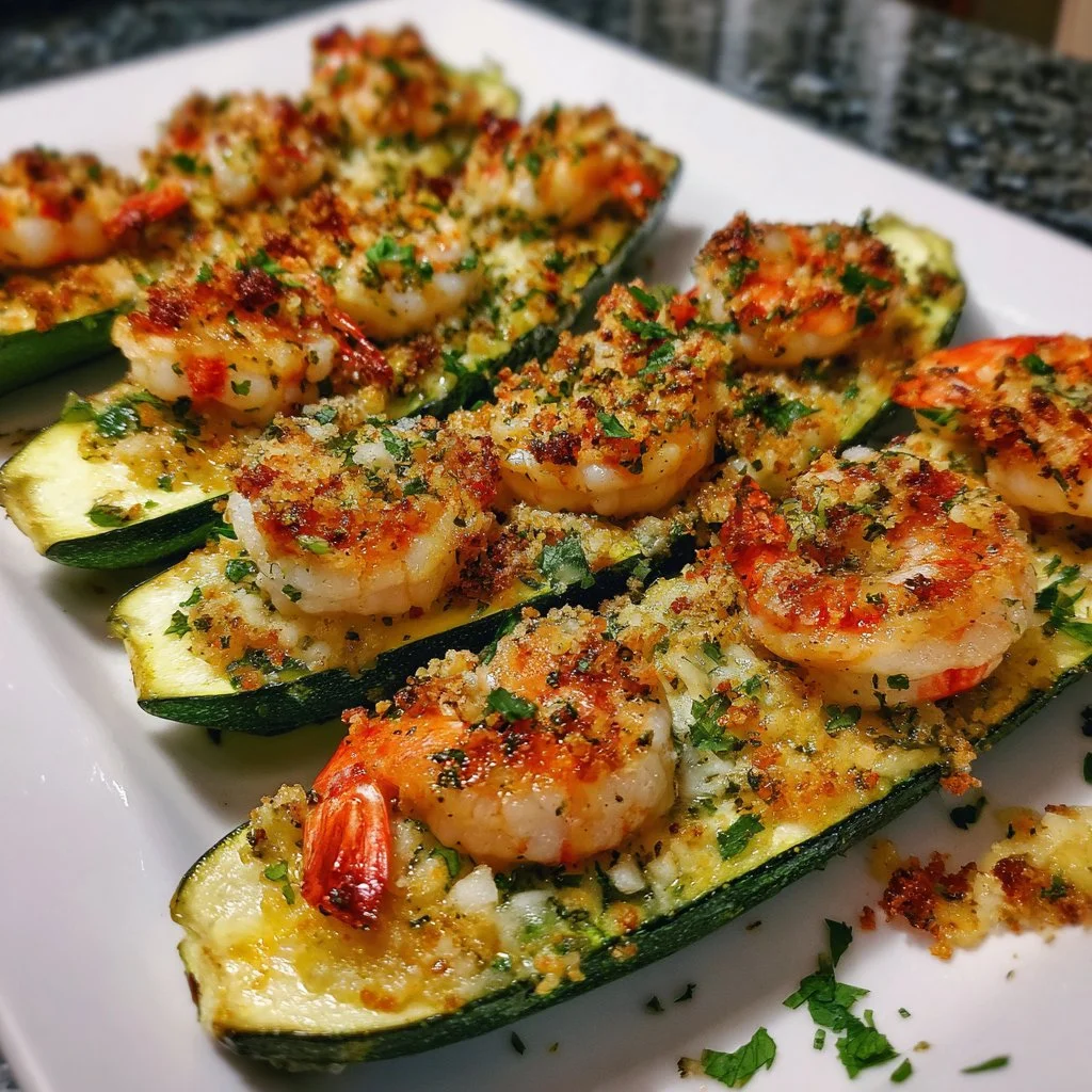 Garlicky Shrimp Zucchini Boats filled with shrimp and garlic mixture