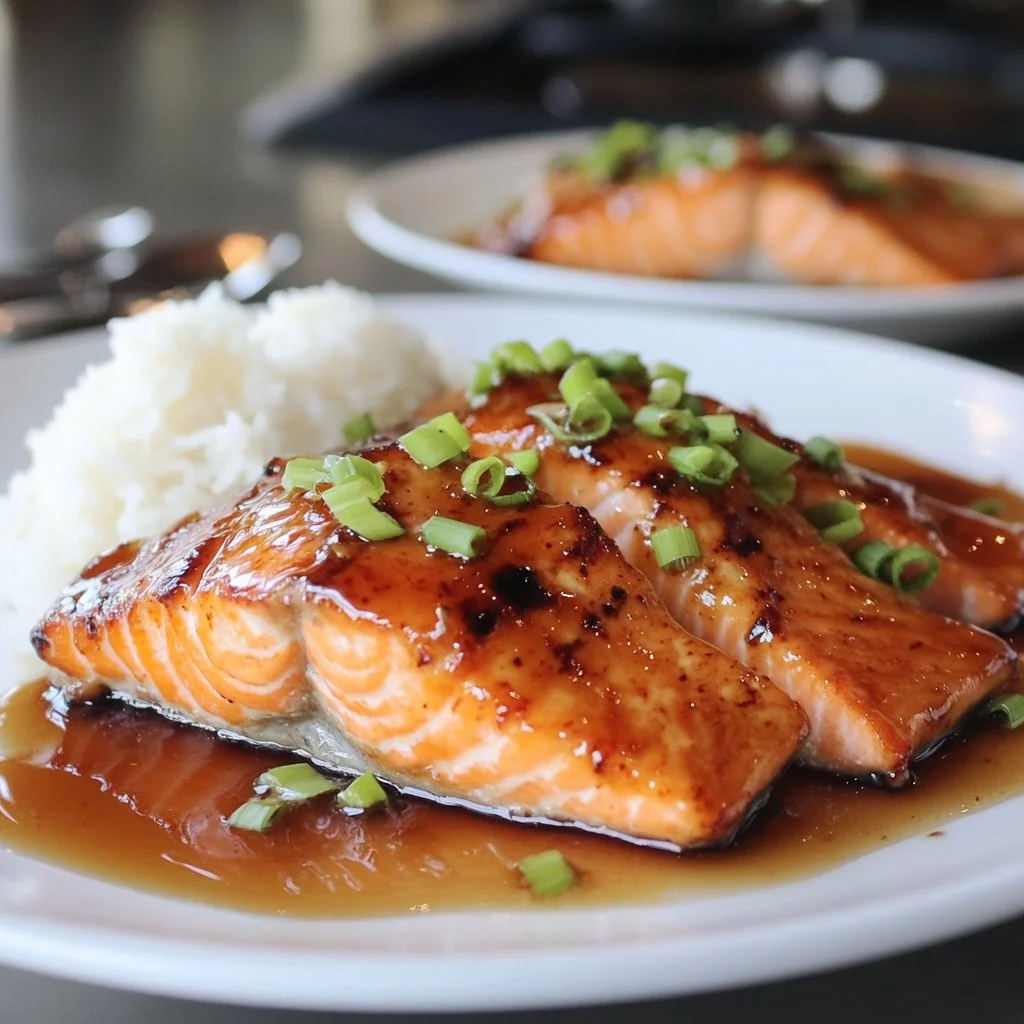 Delicious glazed salmon served on a plate with colorful vegetables.