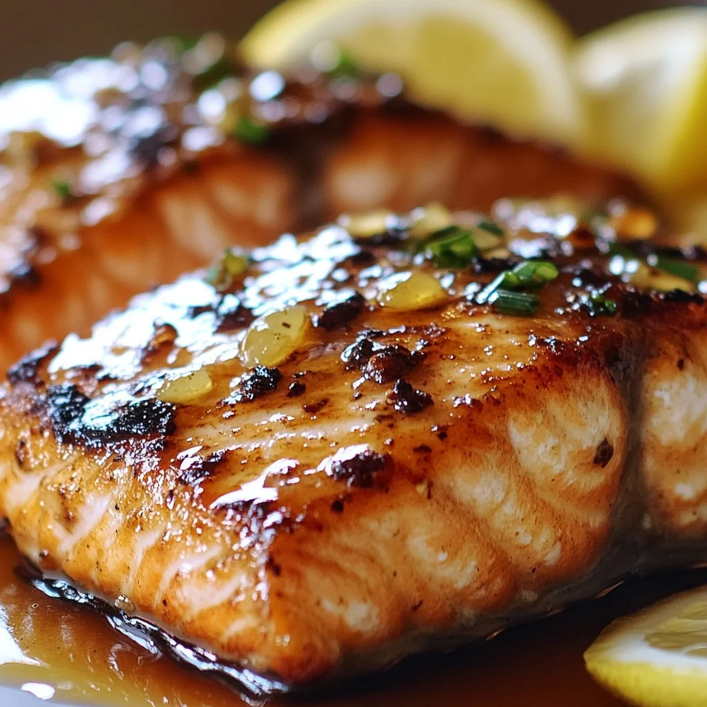 Delicious glazed salmon fillet garnished with herbs and served on a plate