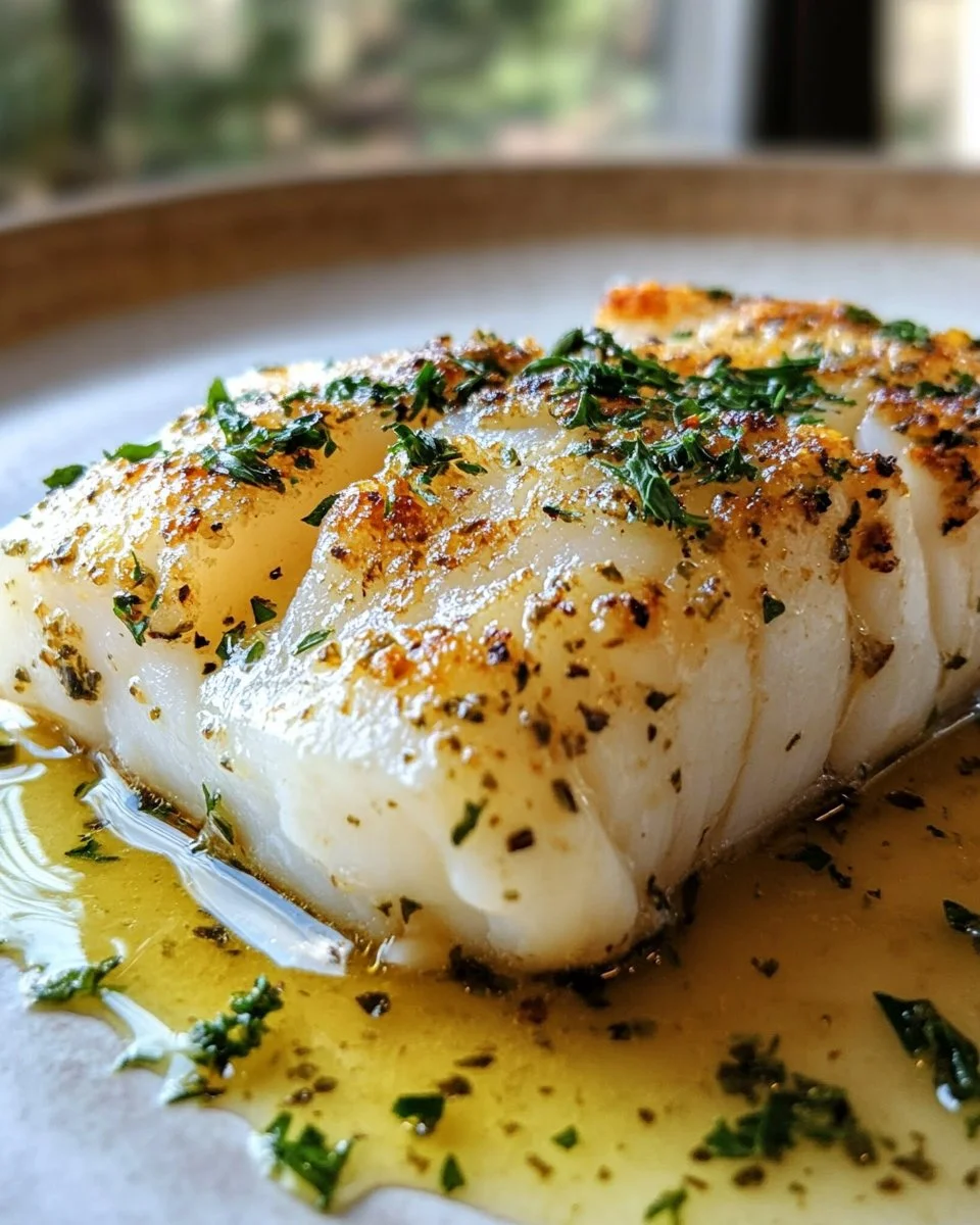 Plate of golden seared cod with herb butter sauce garnished with fresh herbs
