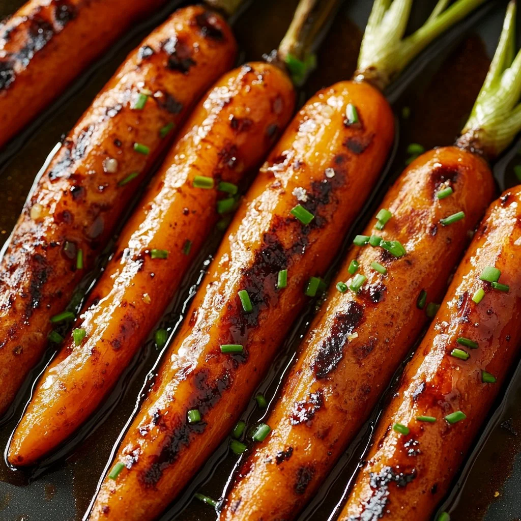 Grilled carrots topped with balsamic glaze on a serving plate