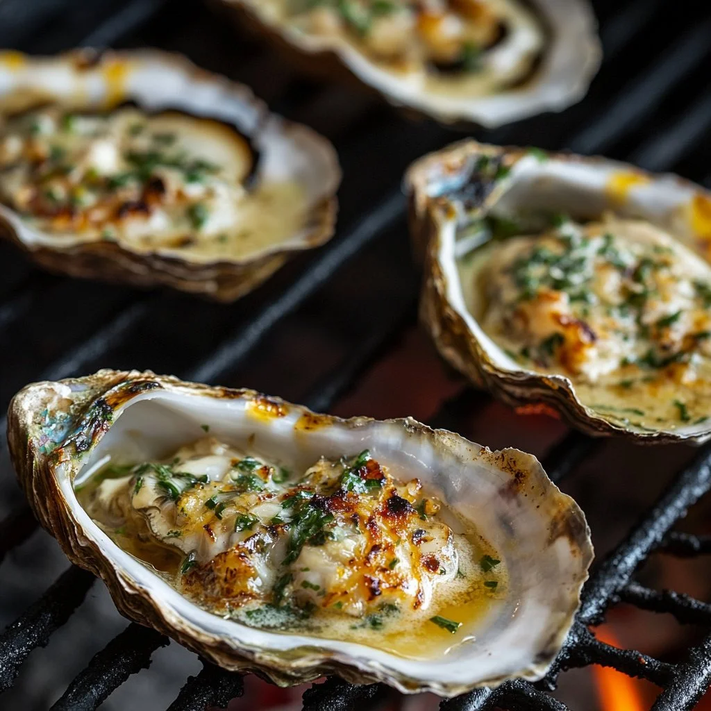 Grilled garlic butter oysters ready to be served on a plate.