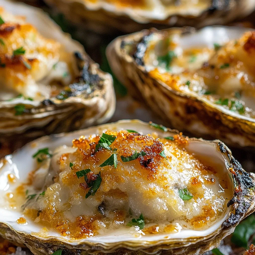 Grilled Parmesan Garlic Oysters topped with cheese and herbs on a serving platter.