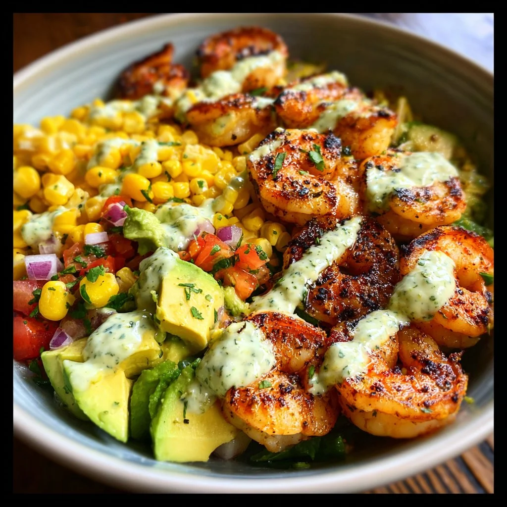 Delicious grilled shrimp bowl with avocado, corn salsa, and creamy garlic sauce