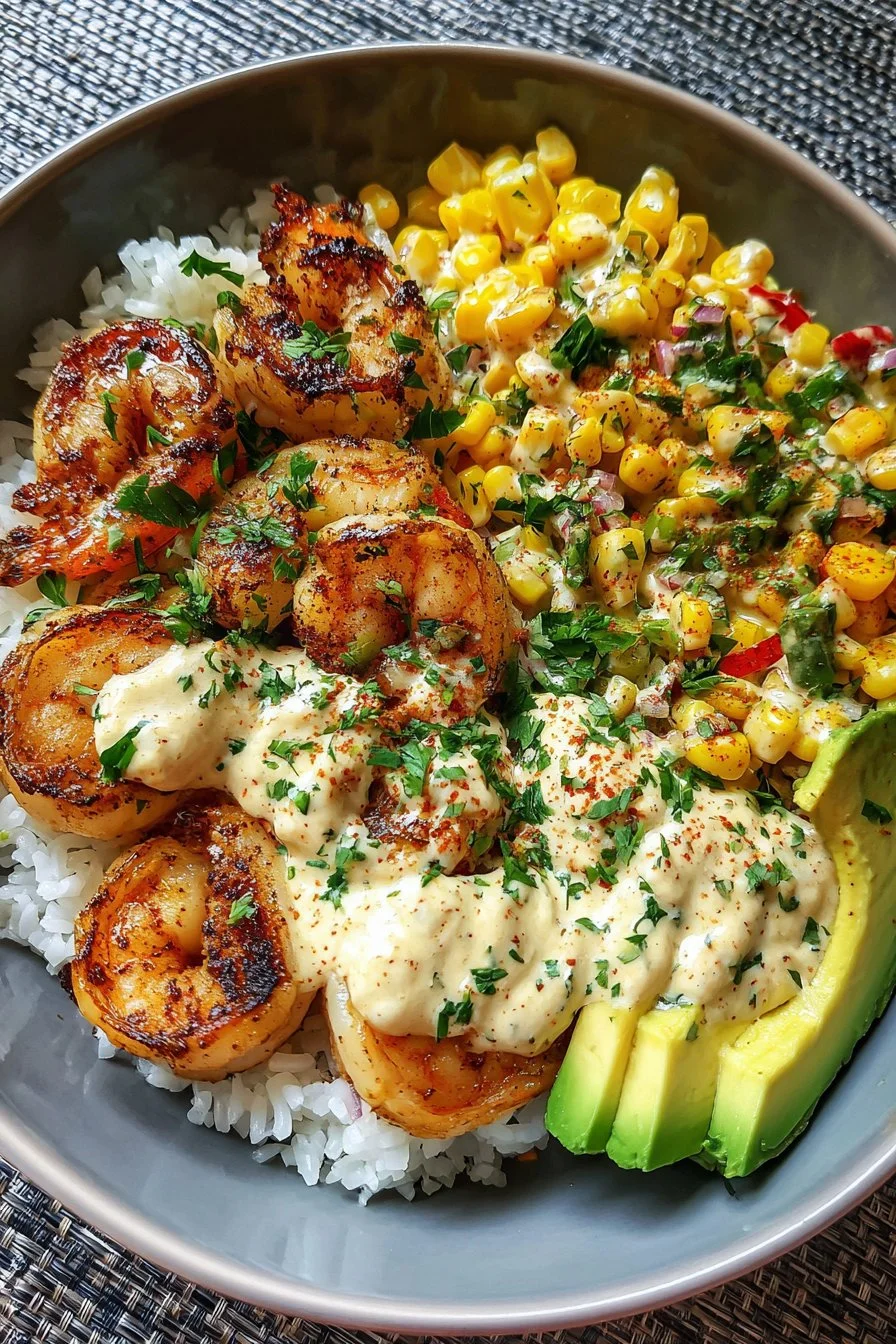 Grilled Shrimp Bowl with Avocado, Corn Salsa & Creamy Garlic Sauce
