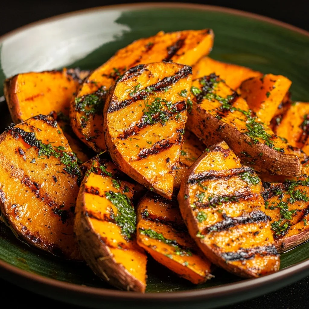 Delicious grilled sweet potatoes on a serving plate with seasoning