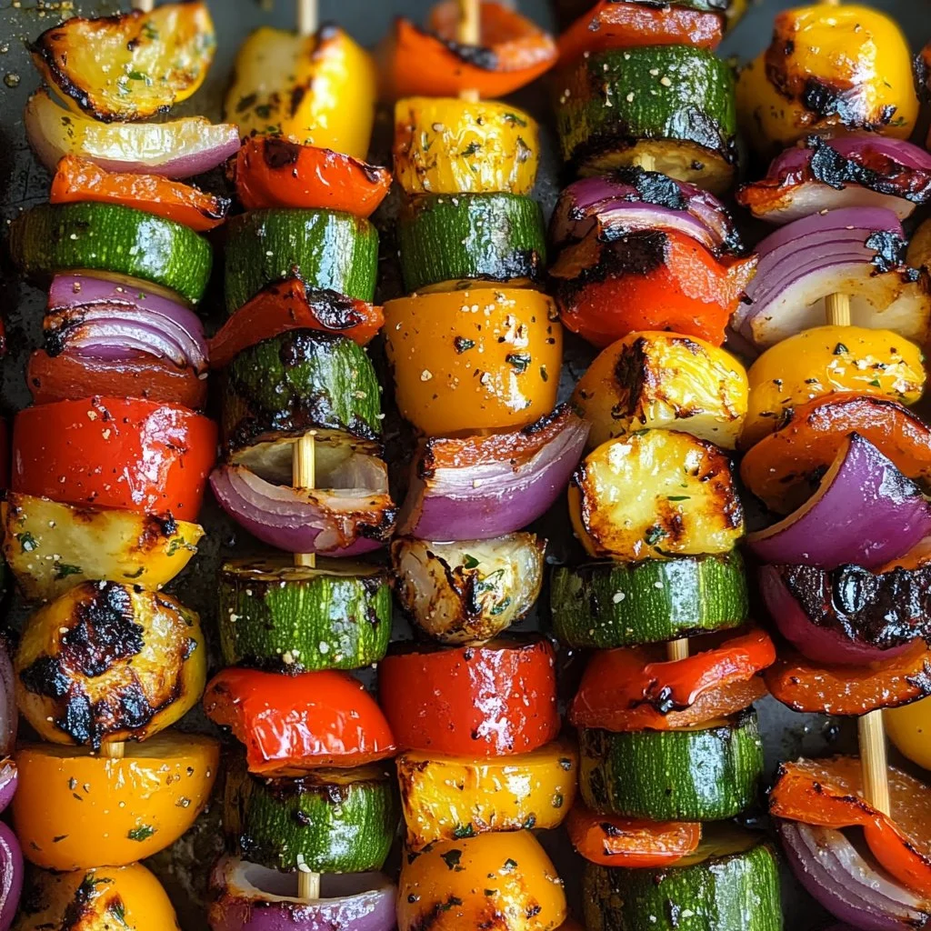 Colorful grilled veggie kabobs with bell peppers, zucchini, and onions on skewers.