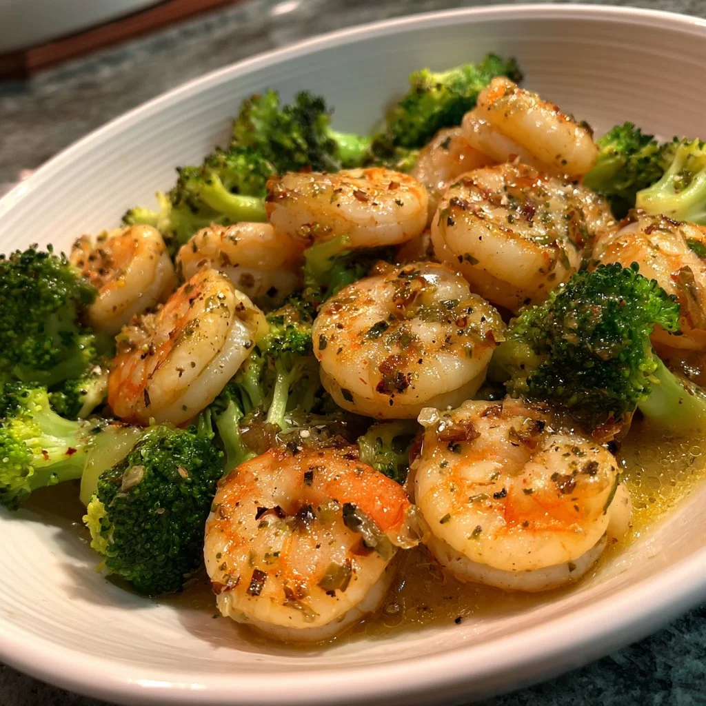 Healthy garlic butter shrimp and broccoli dish served on a plate