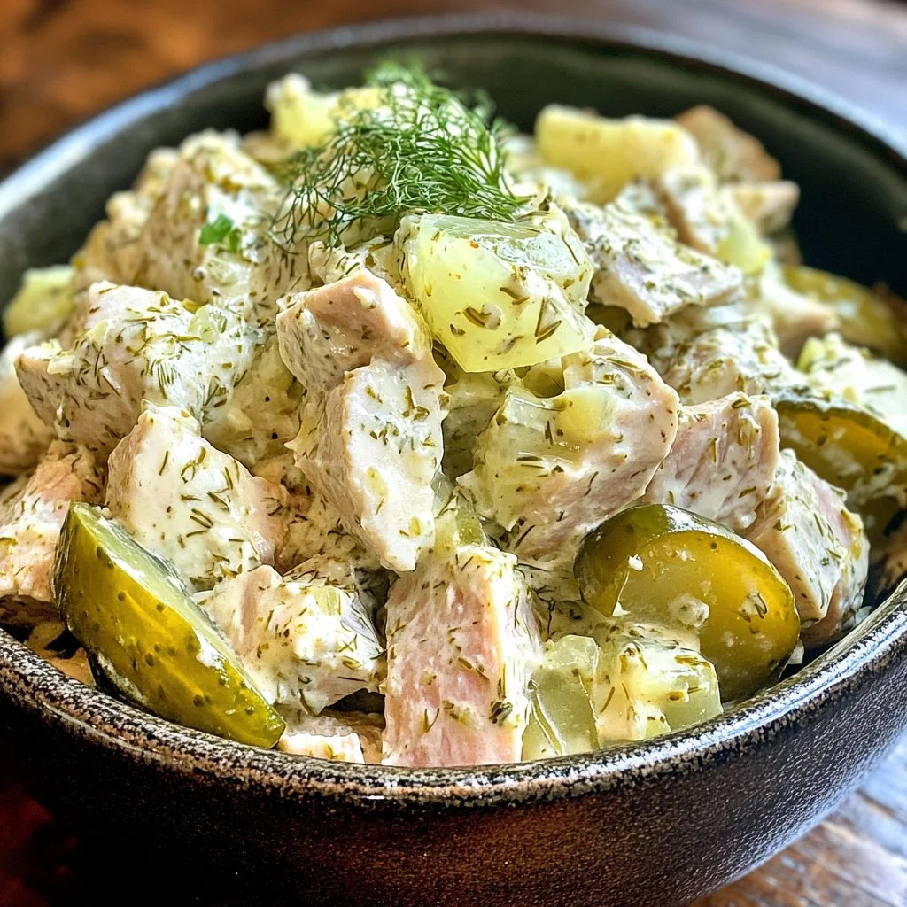 Healthy Greek Yogurt Dill Pickle Tuna Salad in a bowl with fresh ingredients