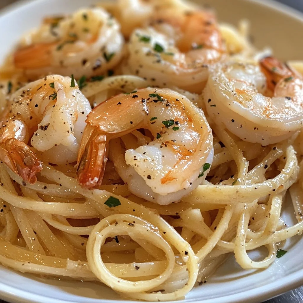 Healthy shrimp scampi linguine dish with fresh shrimp and herbs