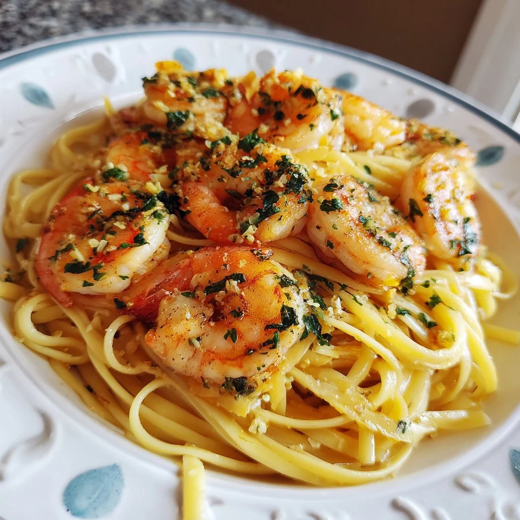 Healthy shrimp scampi linguine with fresh herbs and garlic