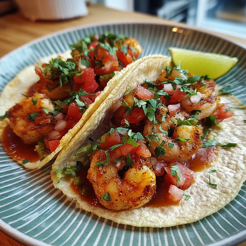 Healthy shrimp tacos topped with fresh vegetables and avocado