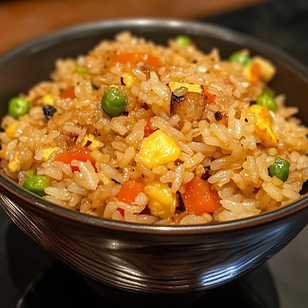 Plate of homemade hibachi fried rice with vegetables and herbs