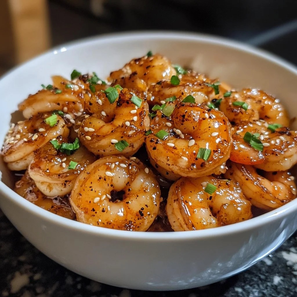 Delicious high-protein honey garlic shrimp served with veggies on a plate.