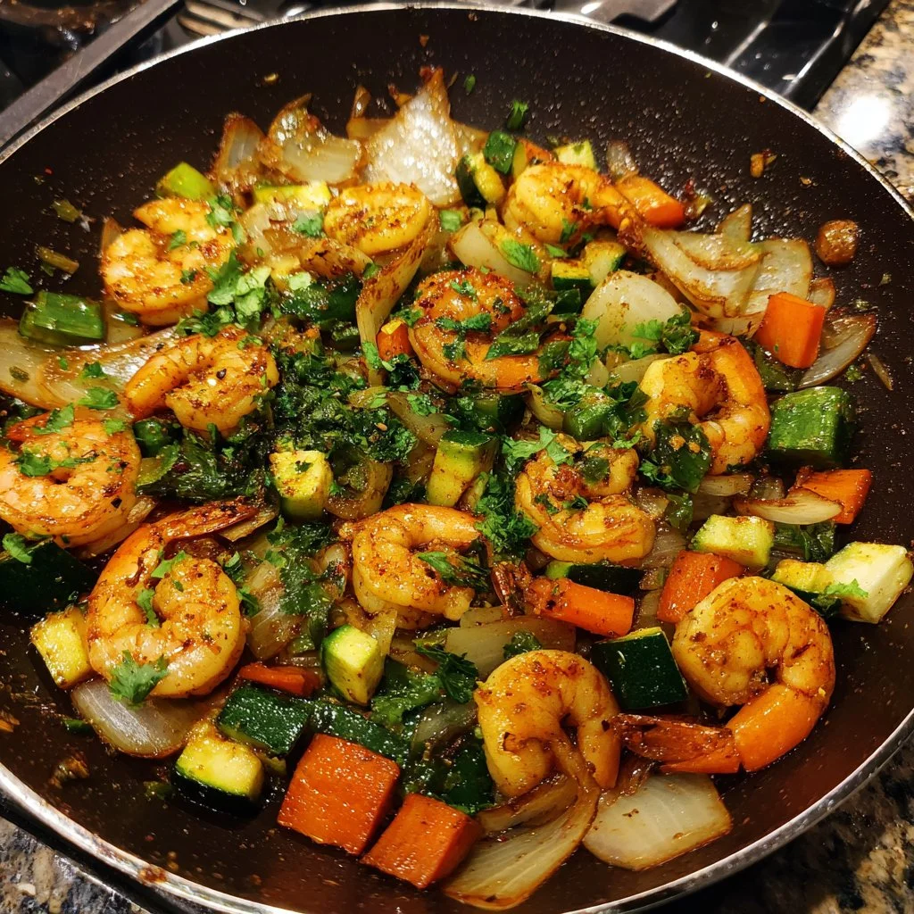 Colorful high-protein shrimp stir fry cooked in a single pan