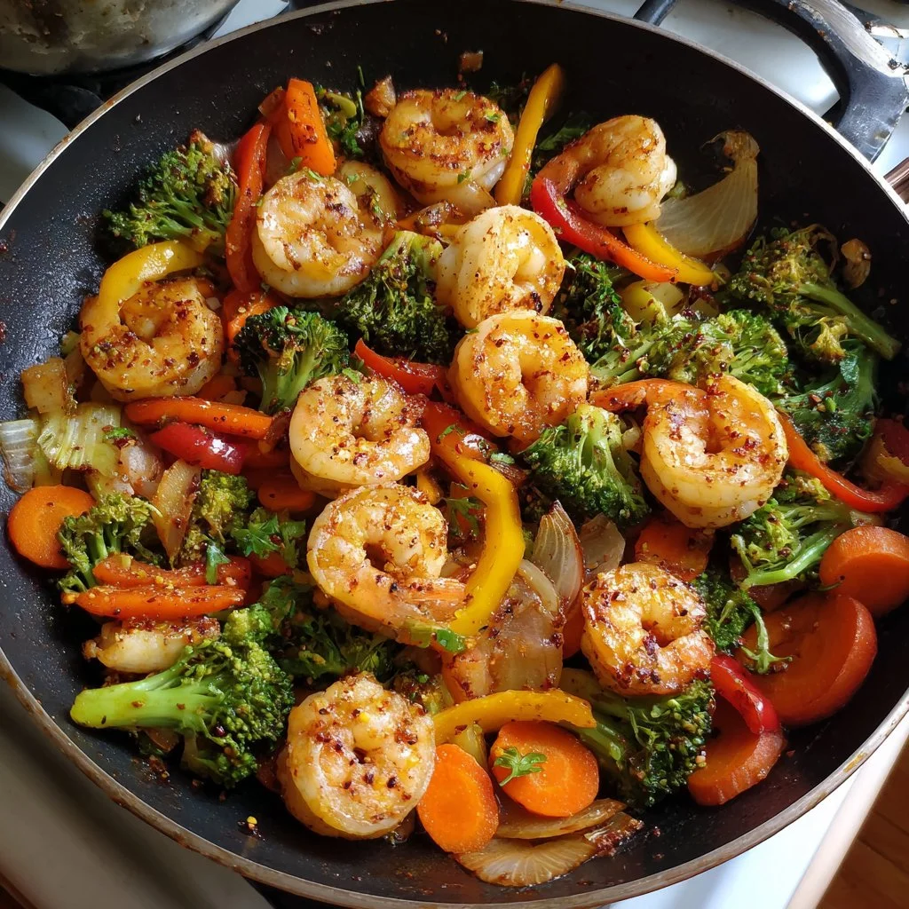 High-protein one-pan shrimp stir fry with vibrant vegetables and spices