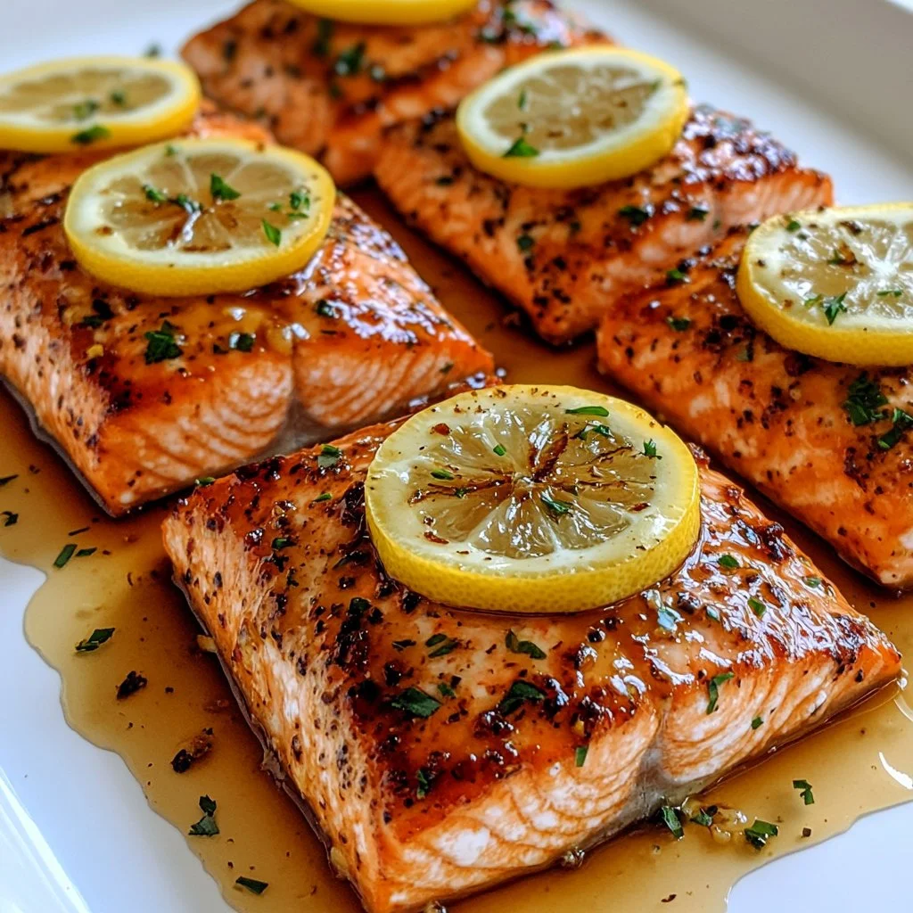 Honey garlic butter baked salmon on a plate with herbs and lemon slices.