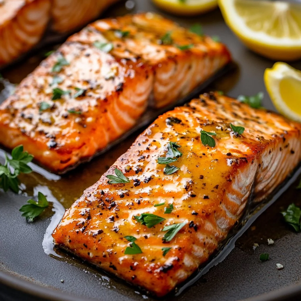 Delicious honey garlic glazed salmon on a plate garnished with herbs.