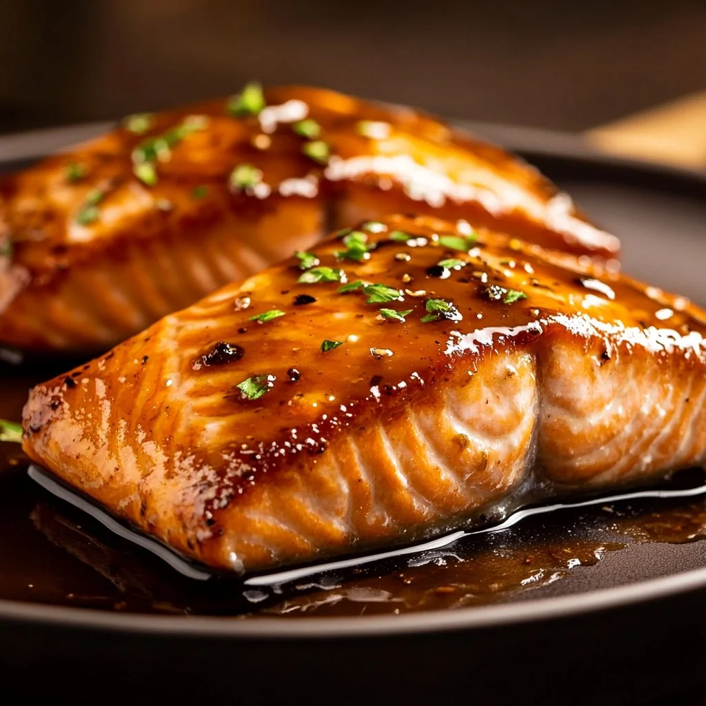 Honey garlic glazed salmon on a plate with vegetables
