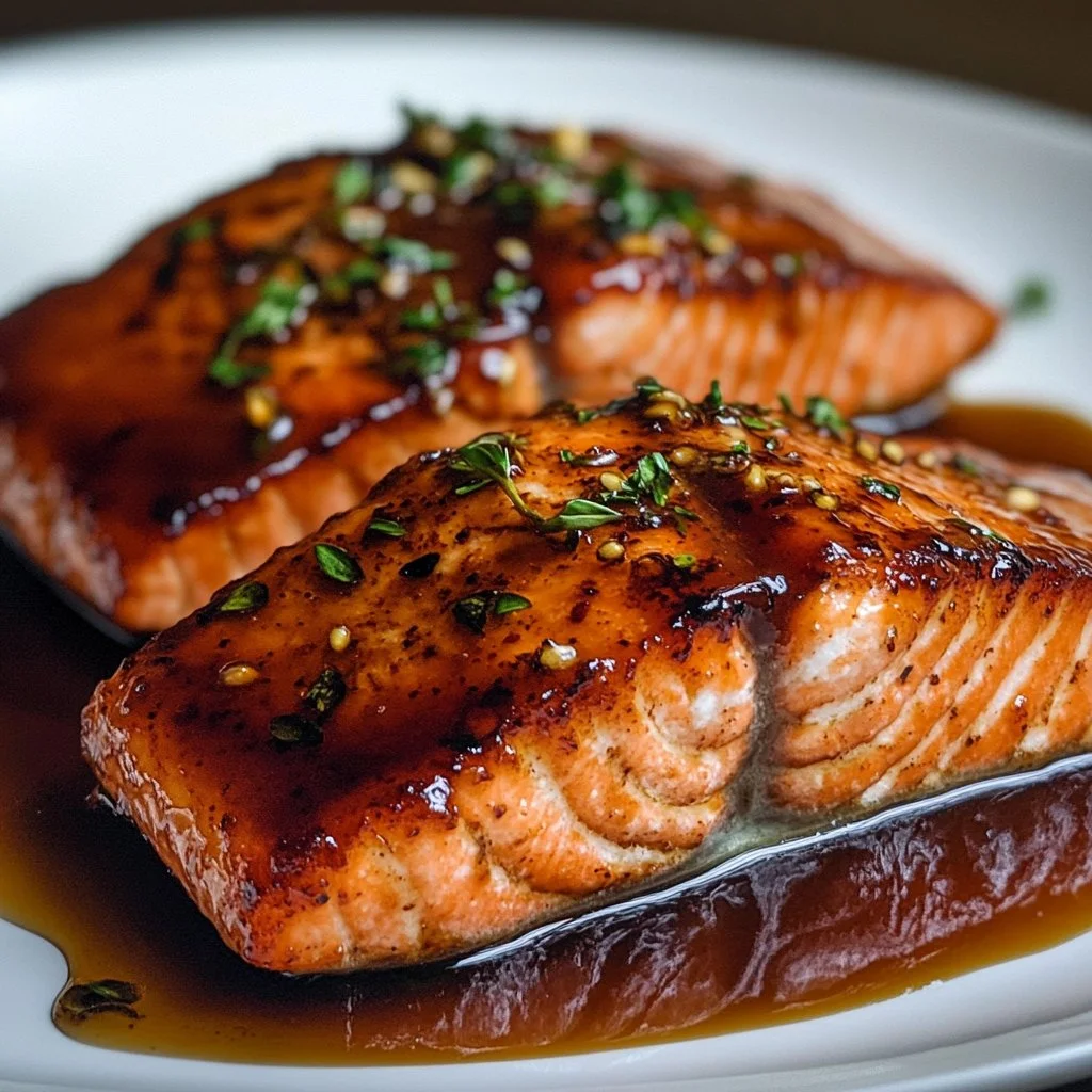 Plate of Honey Garlic Salmon with fresh herbs and lemon garnish
