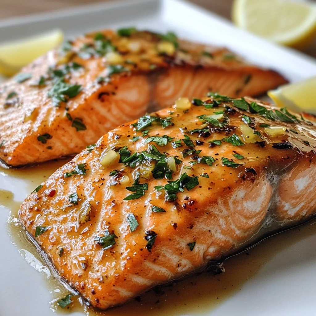 Plate of honey garlic salmon garnished with herbs and served with vegetables