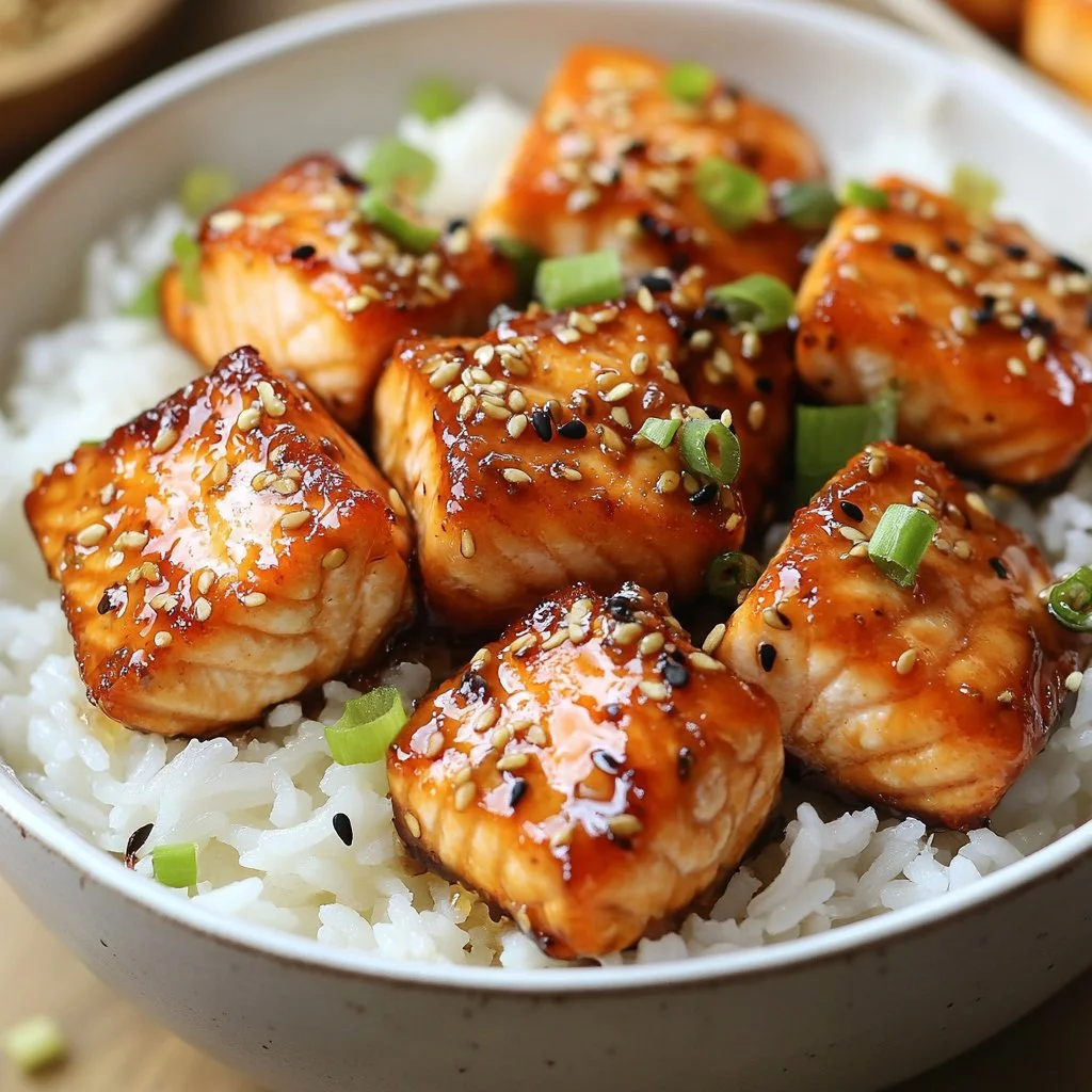 Plate of honey garlic salmon bites garnished with green onions