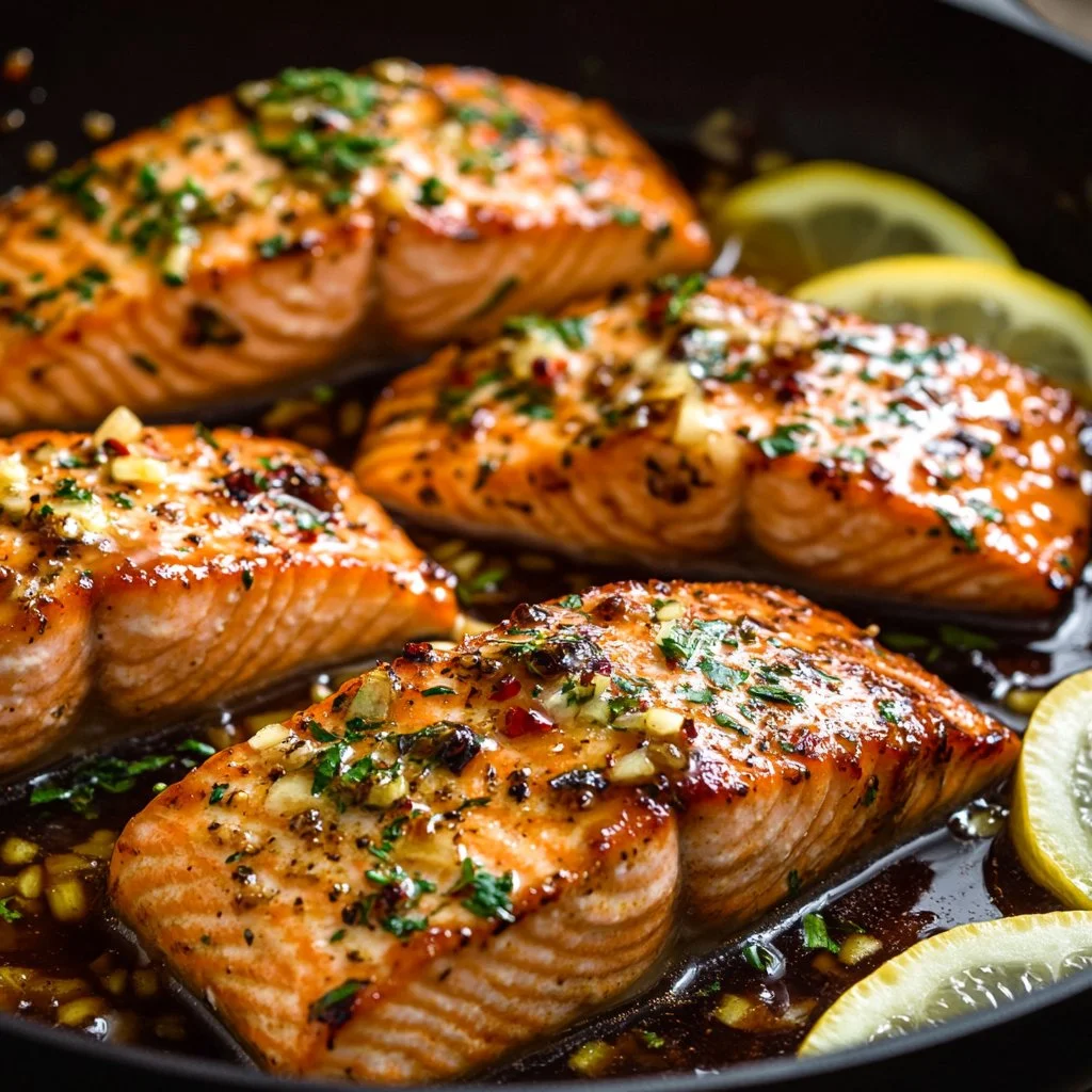 Honey garlic salmon served with vegetables on a plate