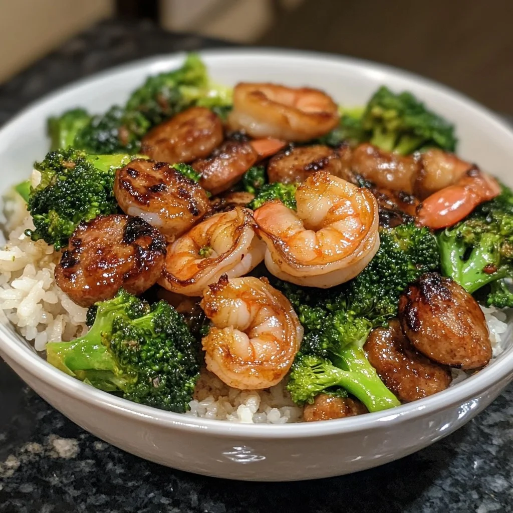 Honey Garlic Shrimp and Sausage with Broccoli dish garnished beautifully.