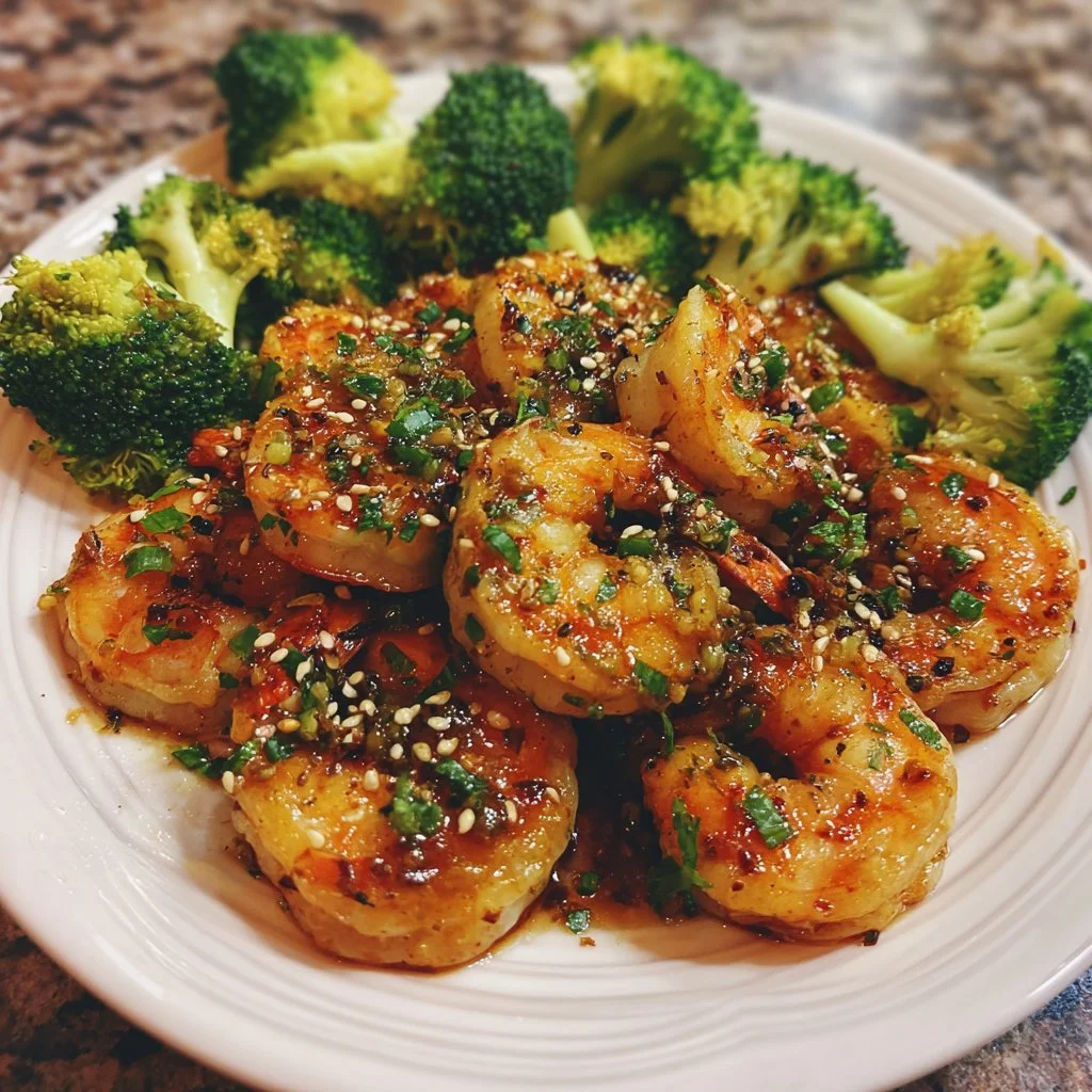 Delicious Honey Garlic Shrimp served with fresh broccoli on a plate