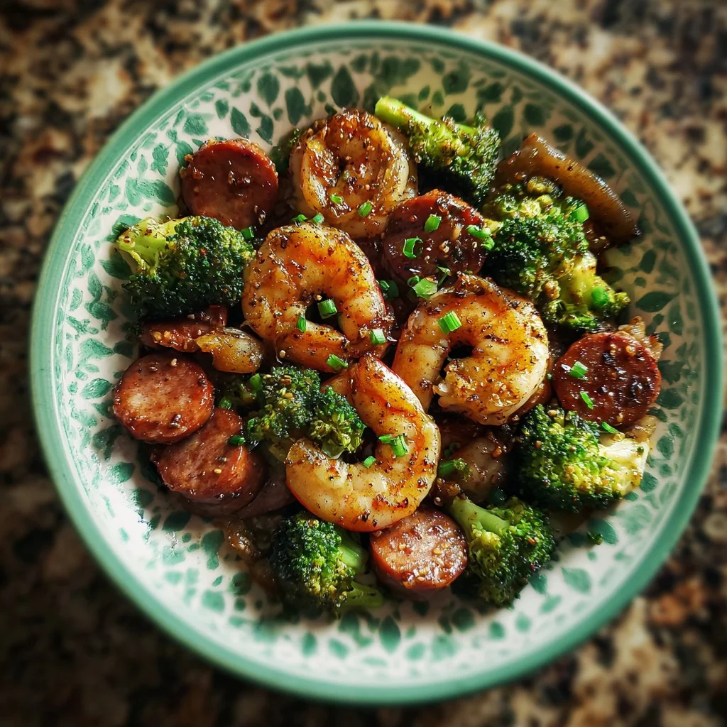 Plate of honey garlic shrimp with sausage and broccoli garnished with herbs