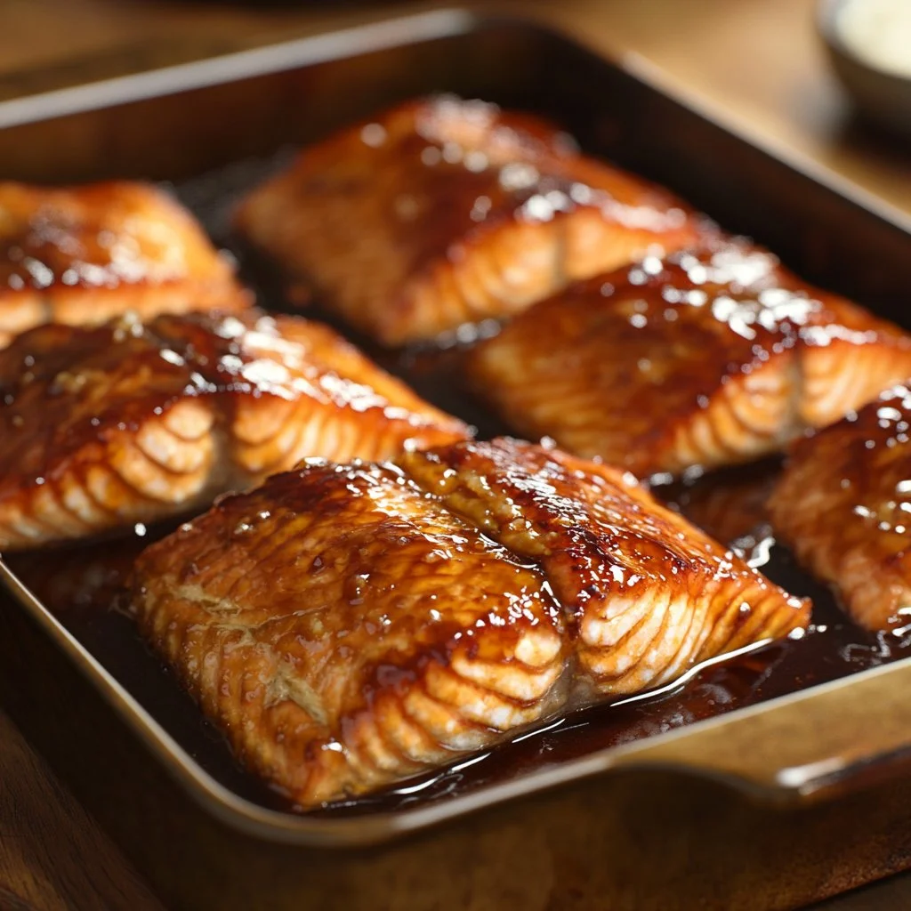 Delicious honey glazed salmon fillet on a plate garnished with herbs