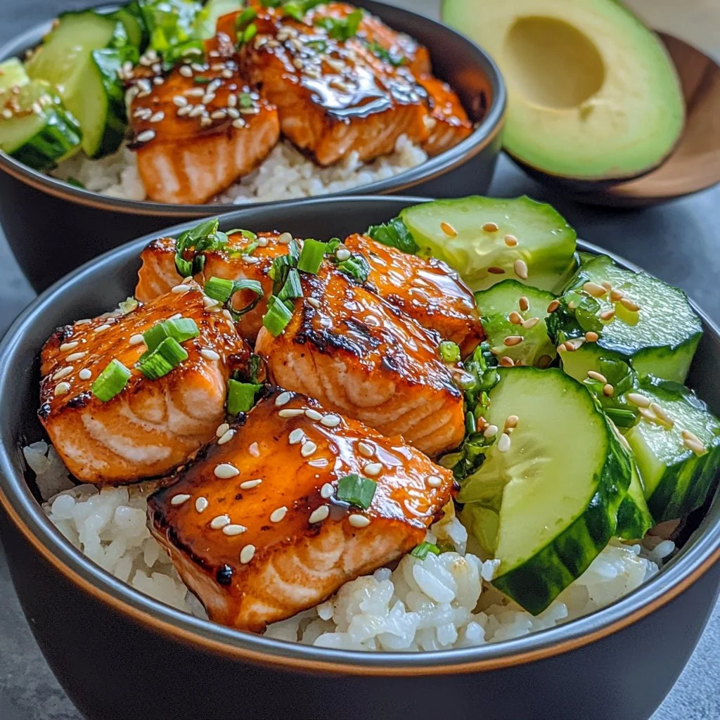 Delicious honey glazed salmon rice bowl garnished with fresh vegetables