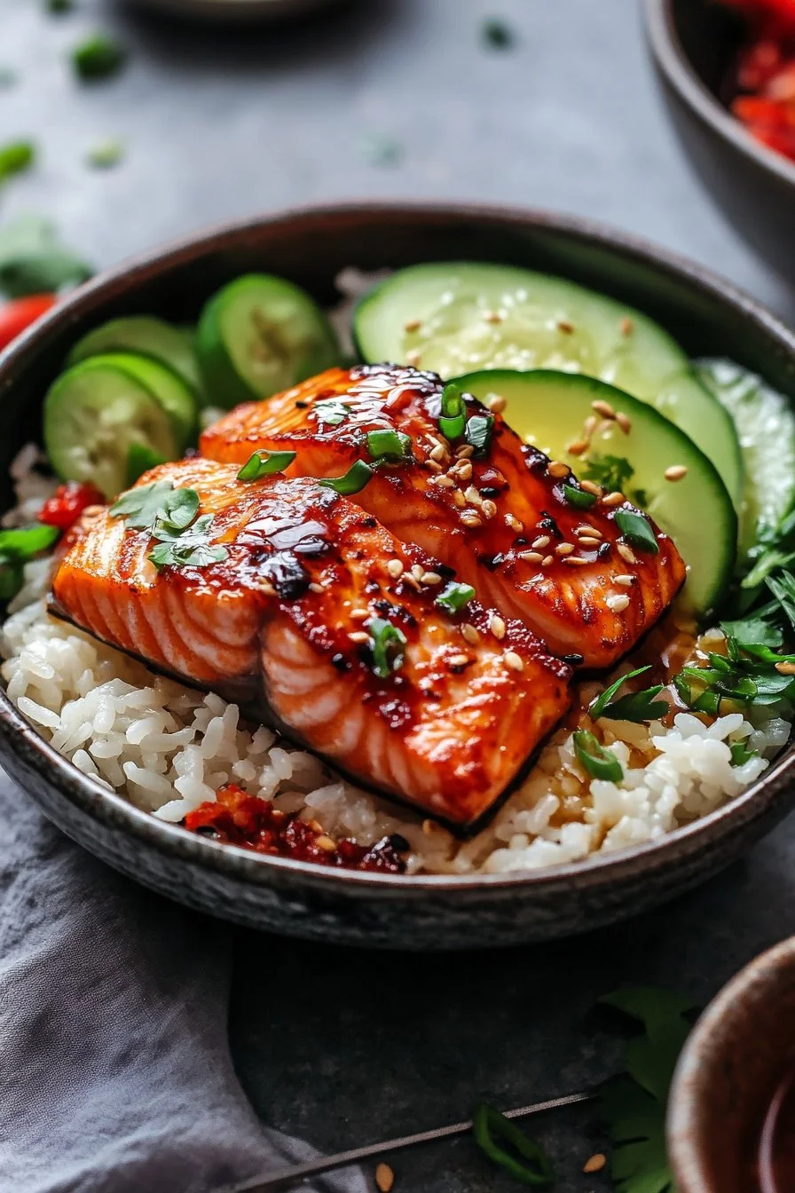 Honey Glazed Salmon Rice Bowls