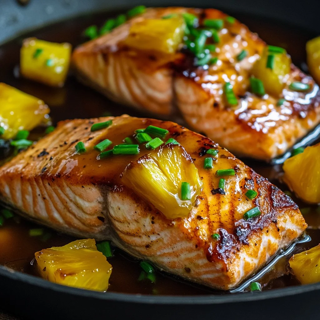 Plate of honey pineapple glazed salmon garnished with herbs.