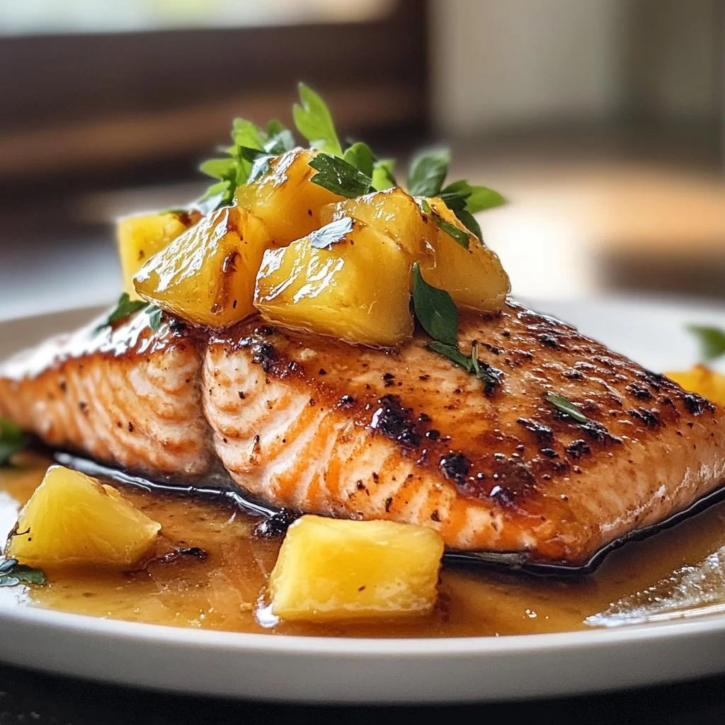 Grilled Honey Pineapple Salmon garnished with fresh herbs and pineapple slices