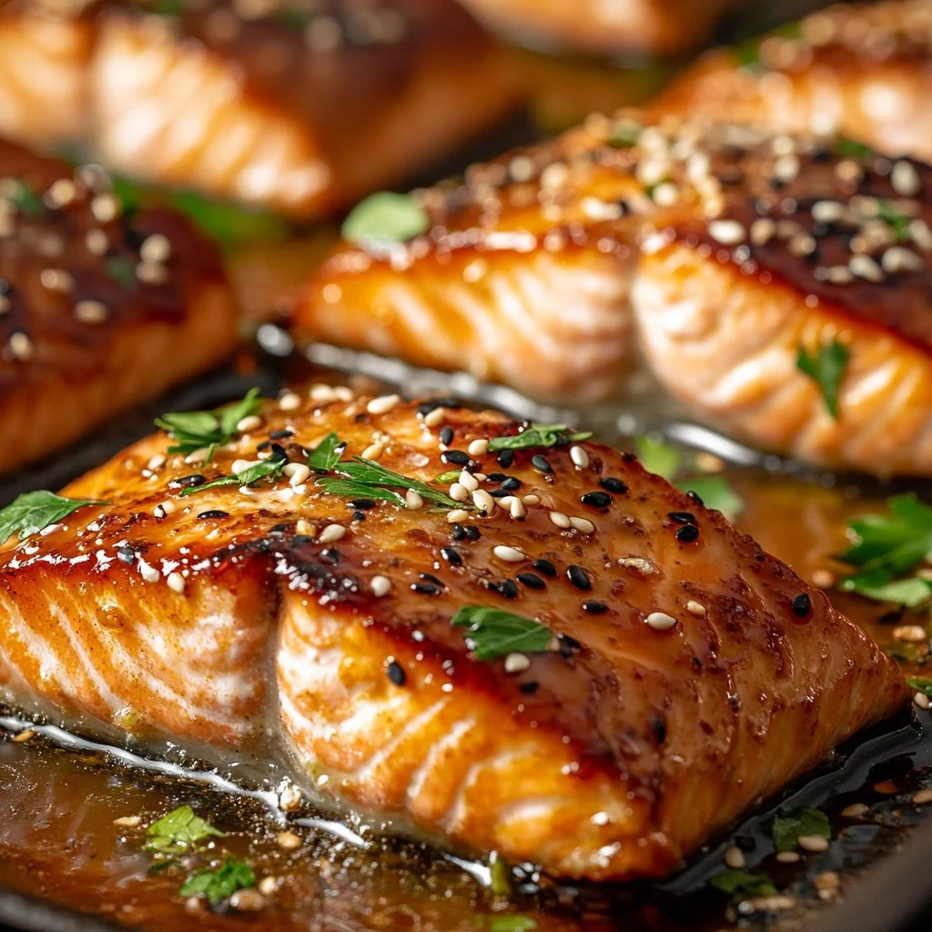 Delicious honey salmon dish garnished with herbs and served on a wooden plate.