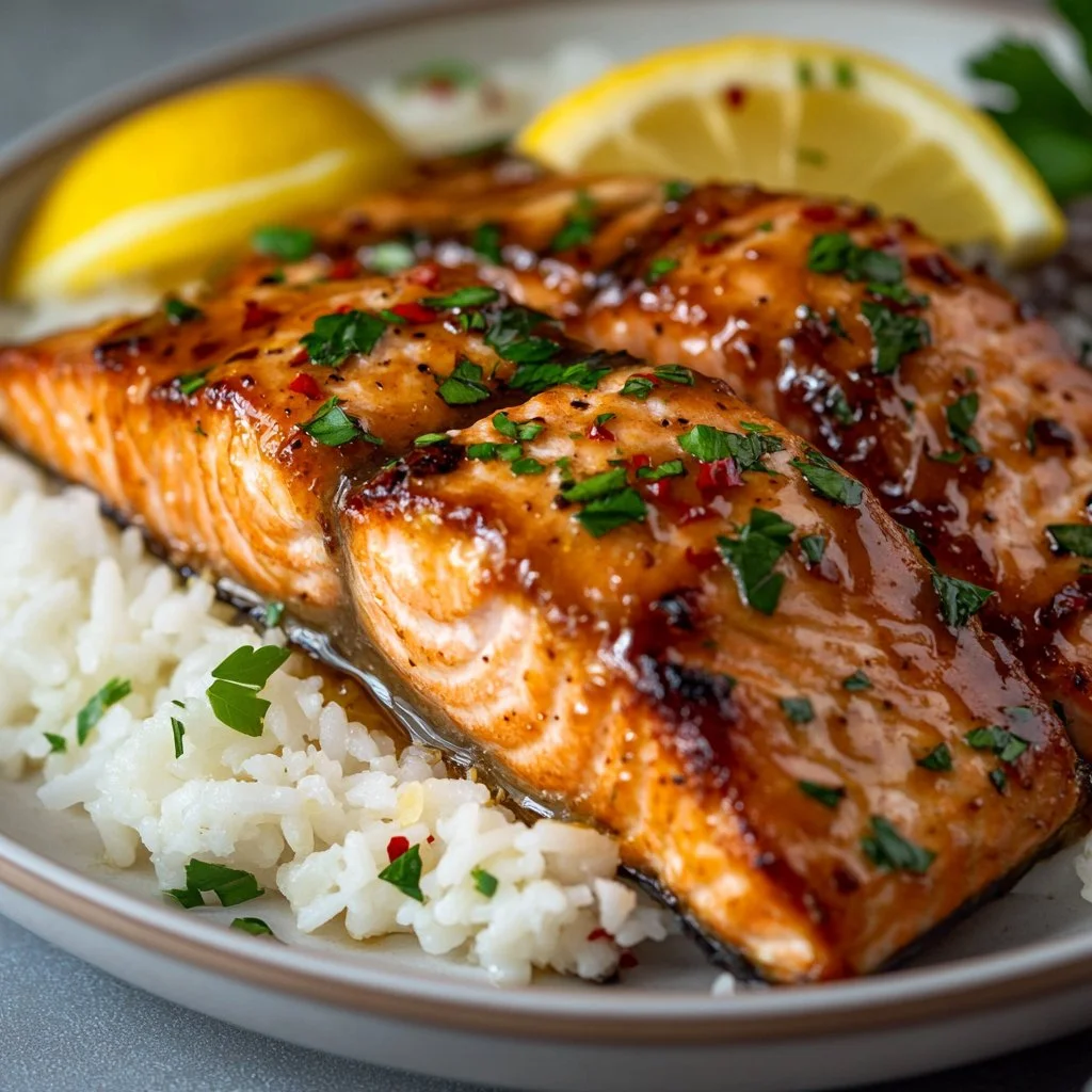 Hot honey glazed salmon fillets garnished with herbs