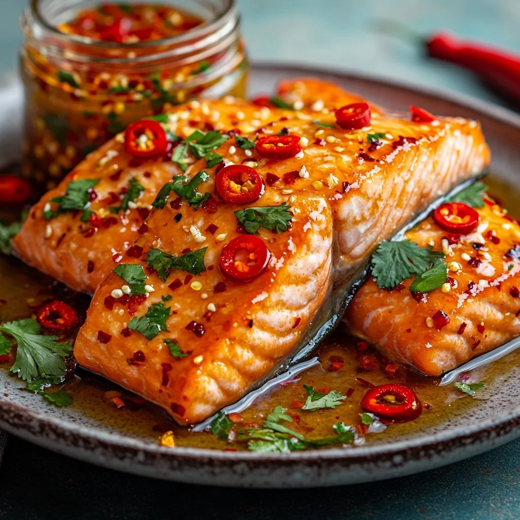Delicious hot honey salmon plated with vegetables