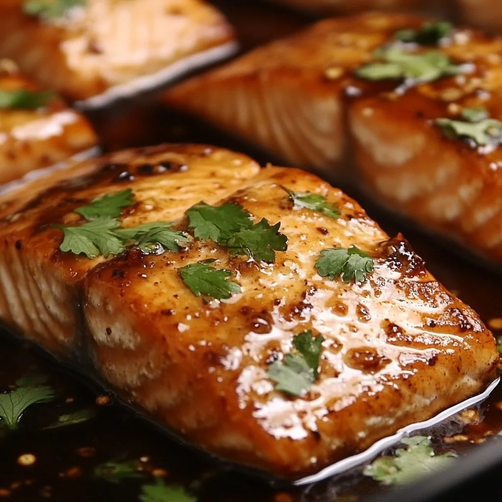Plate of hot honey salmon garnished with herbs and spices