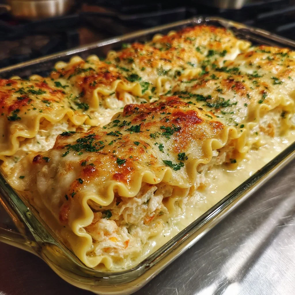 Shrimp Crab Alfredo Lasagna Roll-Ups ready to serve with creamy sauce