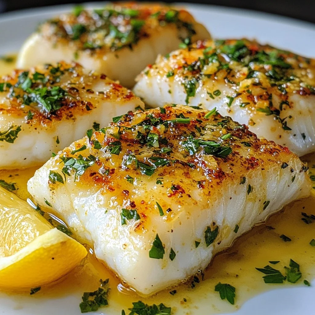 Plate of irresistible lemon garlic butter cod garnished with herbs