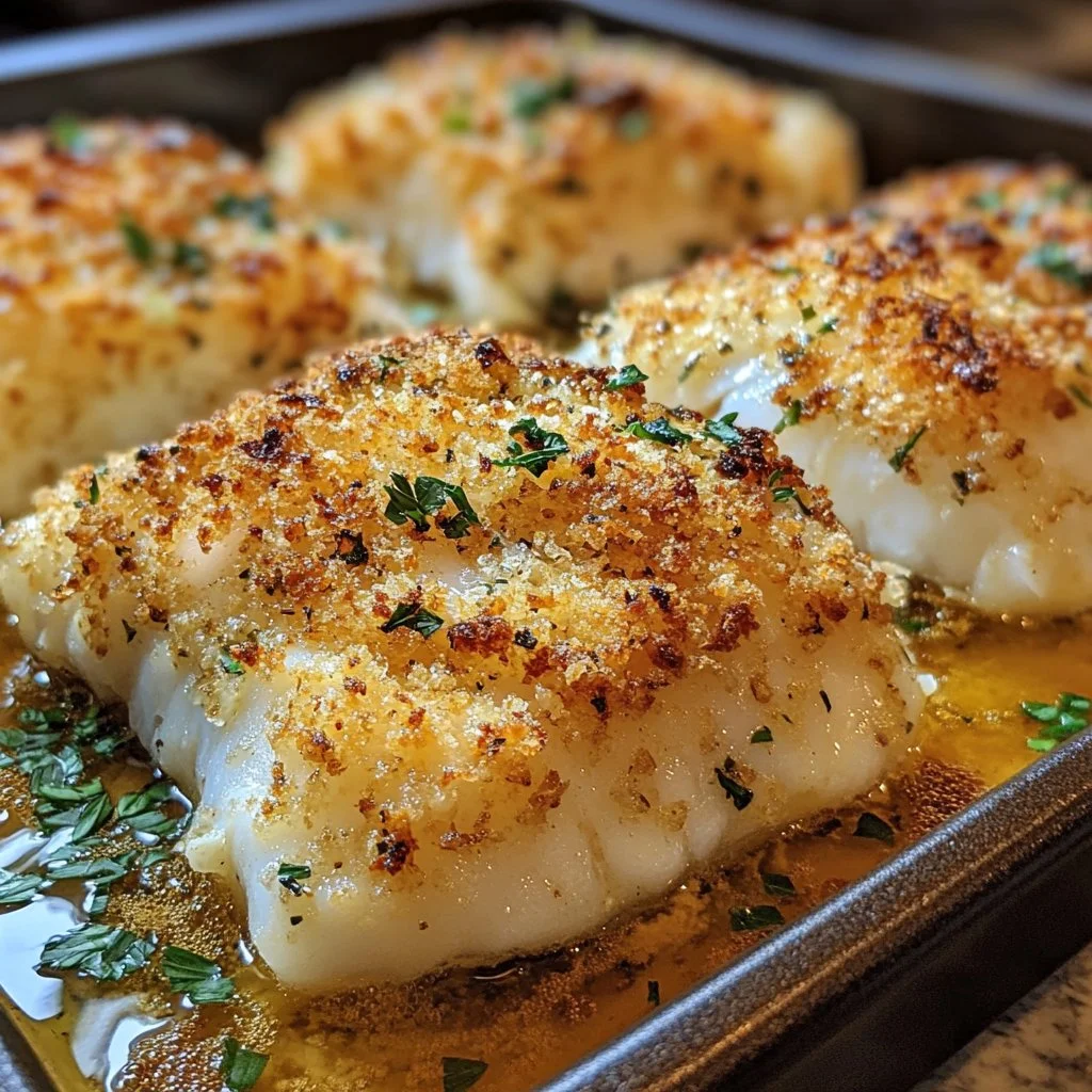 Delicious Boston Baked Cod topped with crispy panko breading ready to serve.