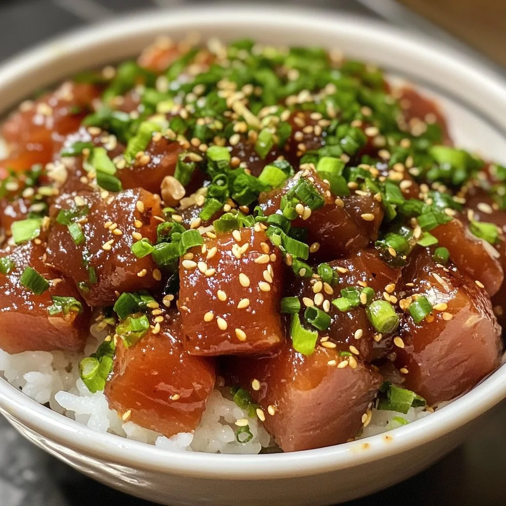 Delicious Japanese tuna poke bowl with fresh ingredients and vibrant colors.
