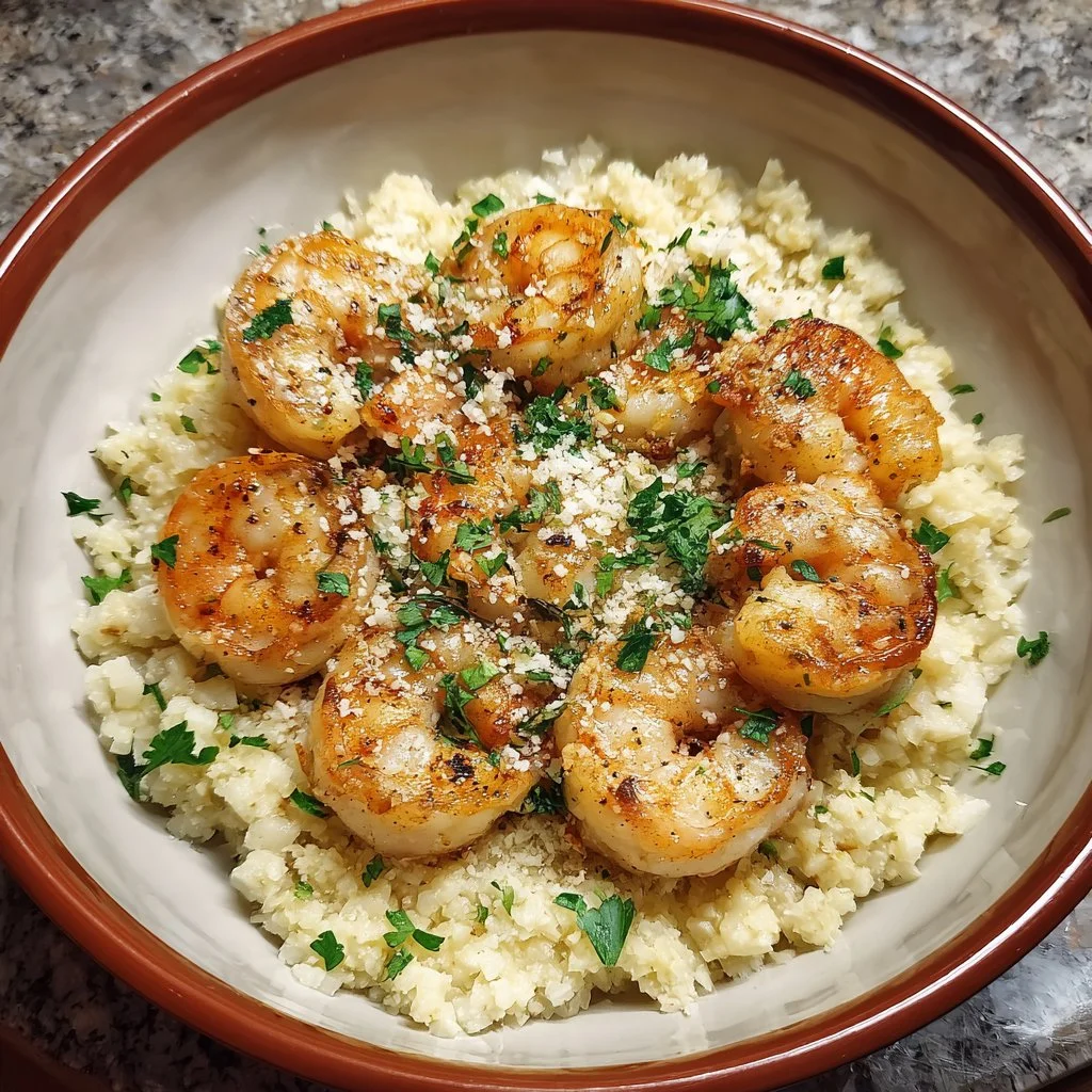 Delicious Keto Garlic Parmesan Shrimp served with flavorful Cauliflower Rice