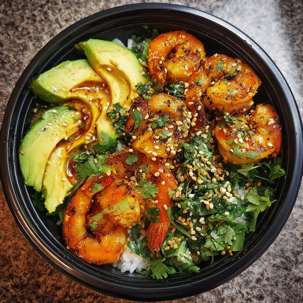 Keto Shrimp Bowl with vegetables and avocado on a plate