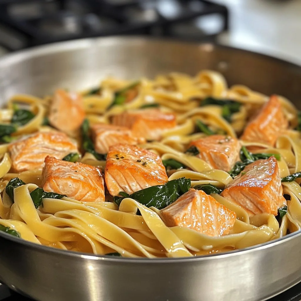 Plate of lemon butter salmon fettuccine topped with herbs and lemon slices