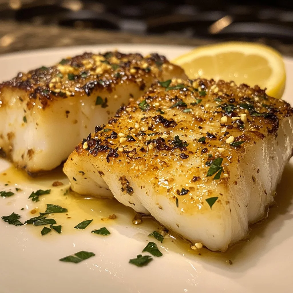 Lemon Garlic Butter Cod fillet with crispy skin on a plate