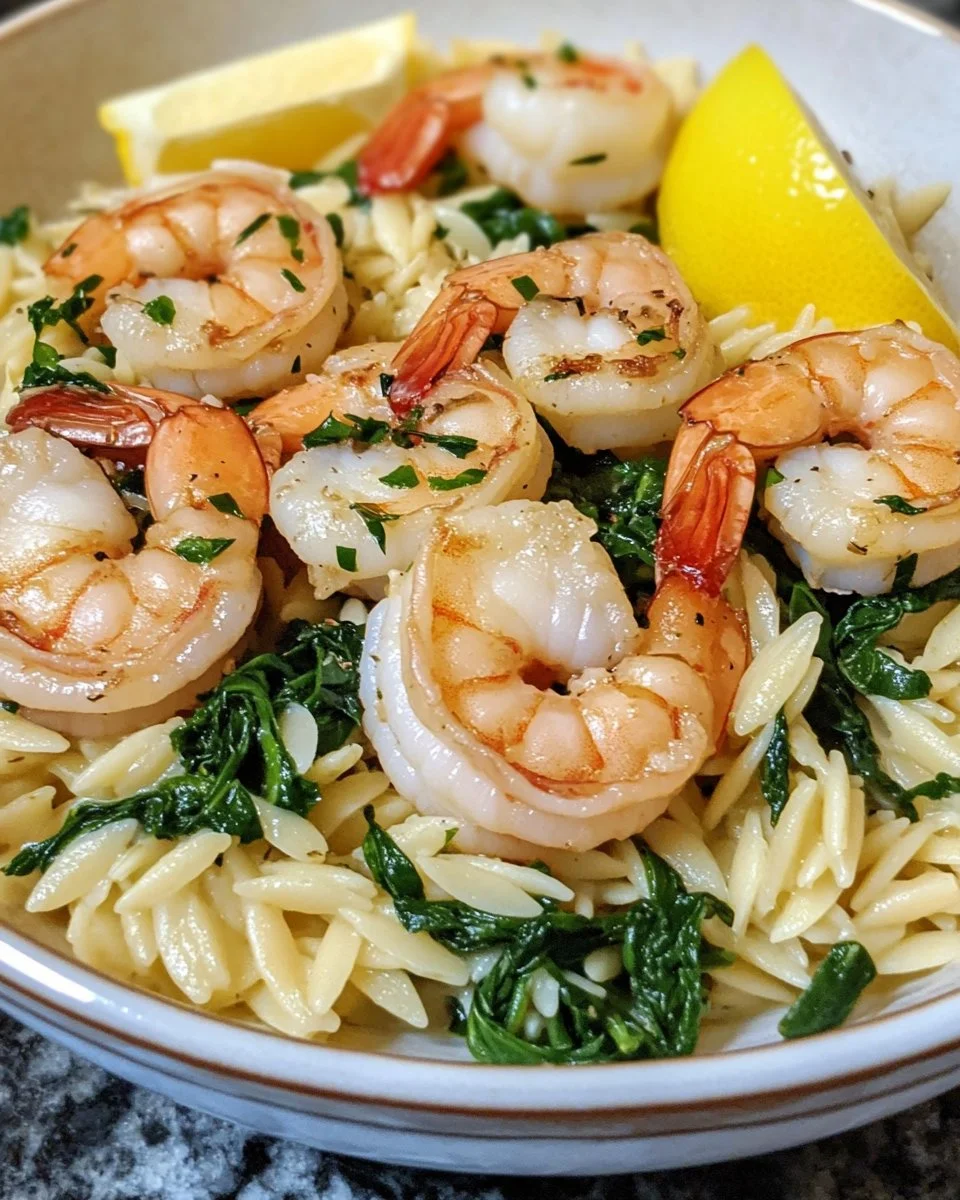 Delicious Lemon Garlic Shrimp served with Spinach Orzo on a white plate