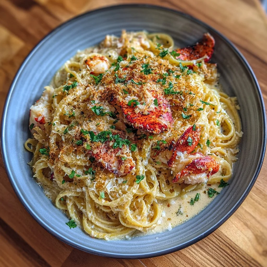 Delicious Lobster Alfredo Pasta garnished with herbs and served on a plate.